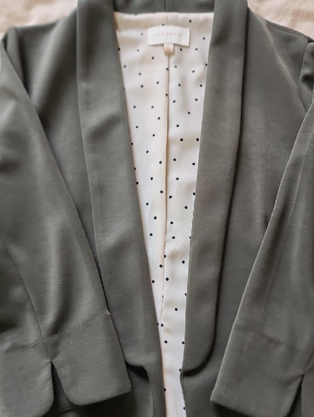 Skies Are Blue Olive Green Open-Front Blazer with Polka Dot Lining - Picture 3 of 7